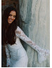 Long Bell Sleeve Ivory Lace Pearl Embellished Wedding Dress